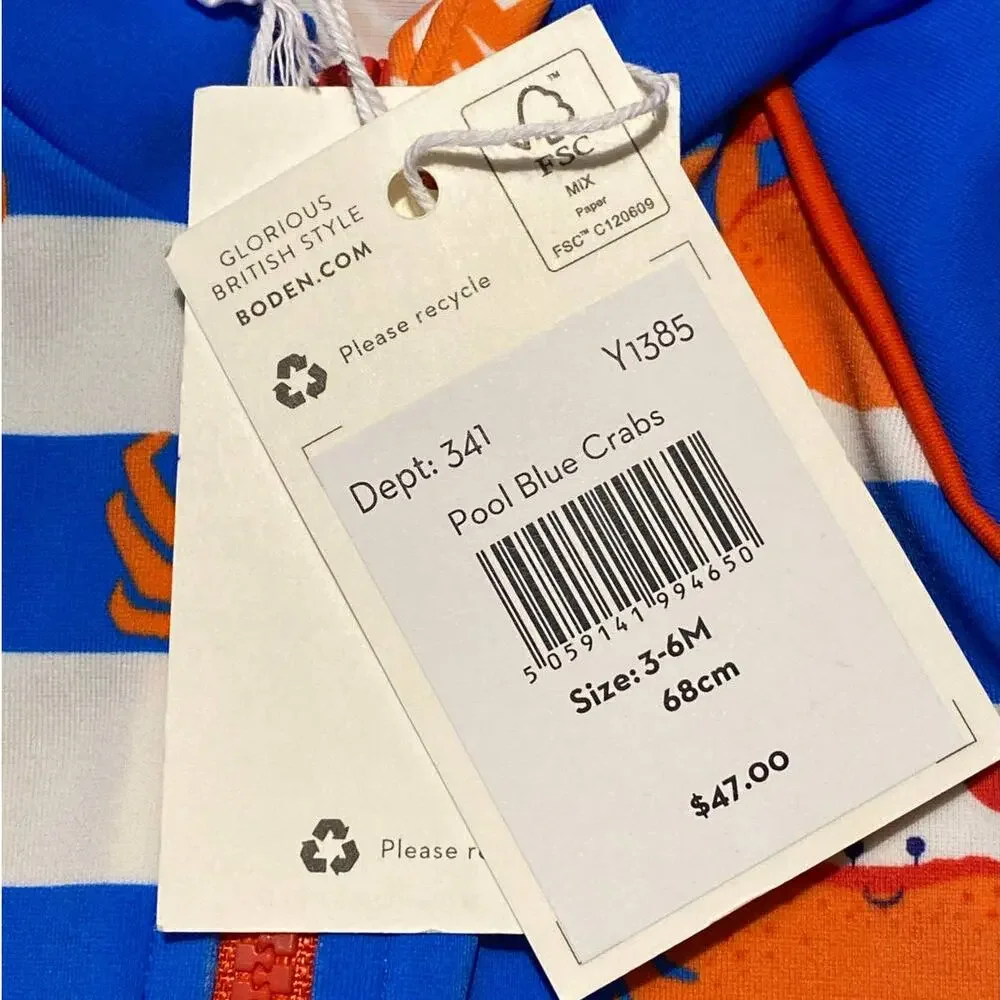 NWT Mini Boden Crab Rash Guard Sunsuit Blue Orange Swim One Piece Baby (3-6 M)